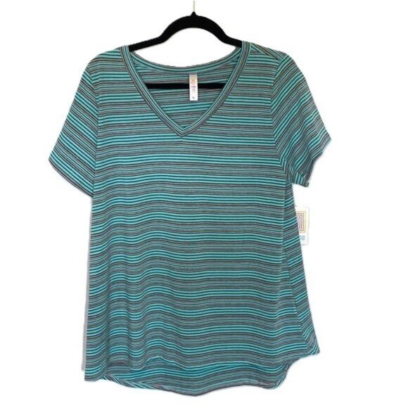 LuLaRoe Christy T Shirt Size 2XL V Neck Short Sleeve Stripe Turquoise Green Gray - Picture 1 of 4